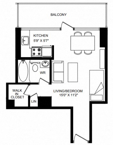 Floor plan for studio, 1 bath, 342 sqft